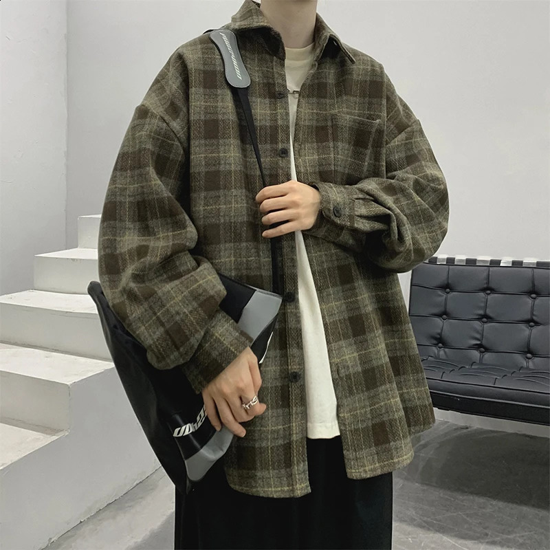 Autumn Clothing Mens Texture Plaid Shirts Japanese Vintage Big Size Solid Color Long Sleeve Check Fashion Leisure 240827