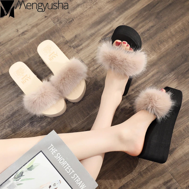 Korean real fox fur slider summer platform shoes wedge-shaped thick sole mixed color slider high heels for women flip casual shoes 240827