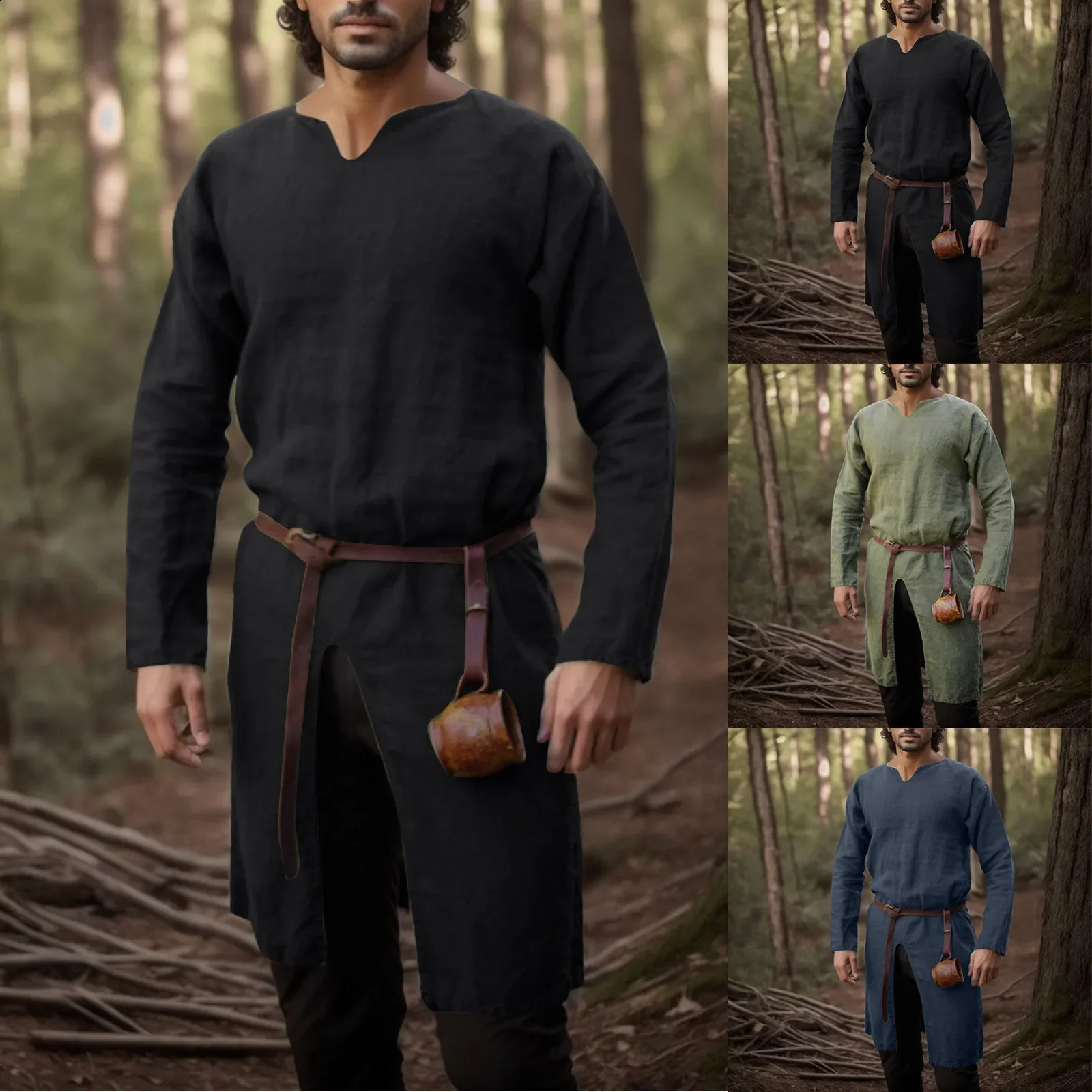 Medieval Renaissance Retro Linen Shirt Top Tuned Mens Long Dress Retro Jacket Knight Viking Pirate Role Playing Costume 240828