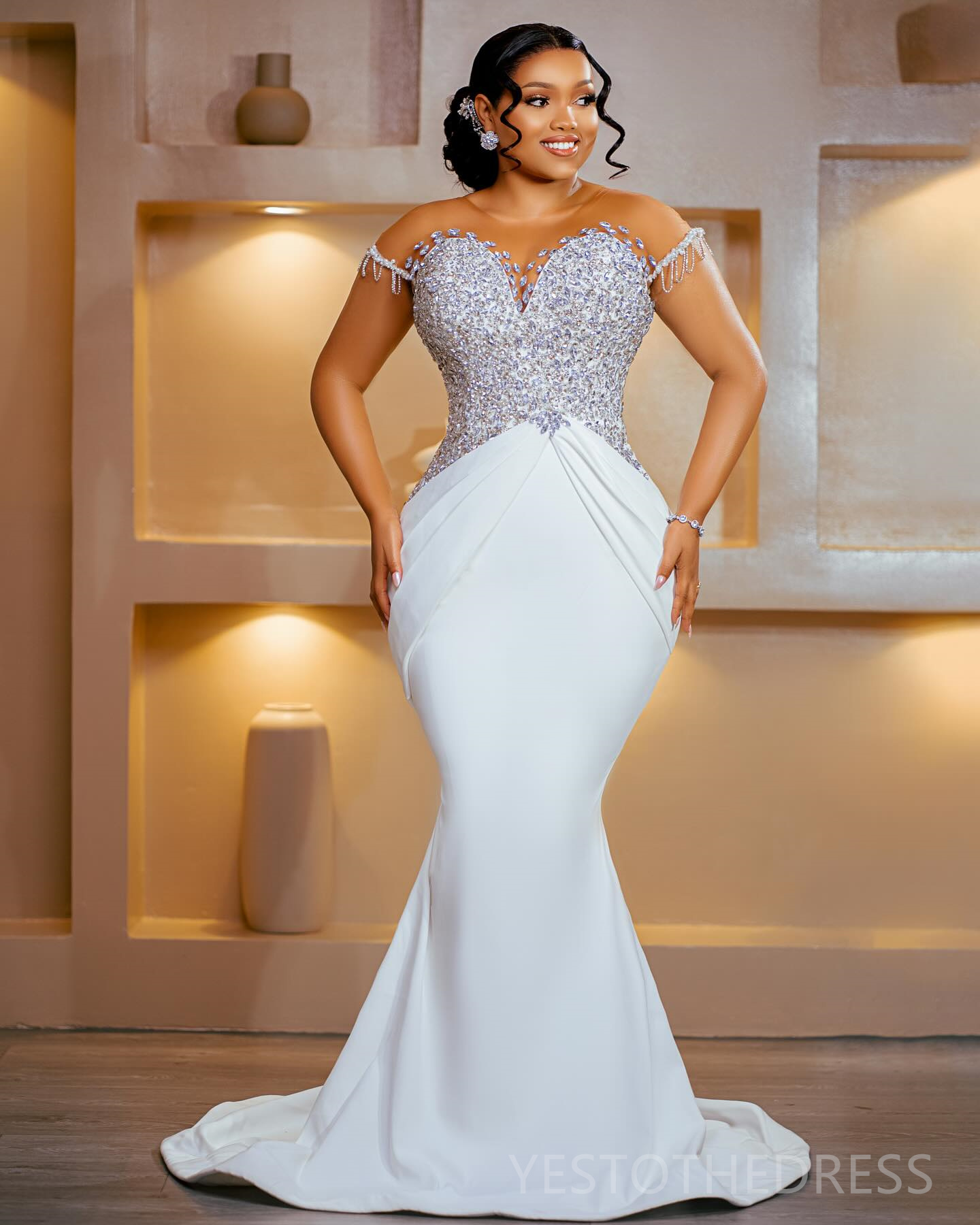 R&W 2024 Plus Size Dress Bride With Detachable Train Mermaid Ball Gown Wedding Dresse Bridal Gowns Sheer Neck Short Sleeves Beaded Marriage For Women 