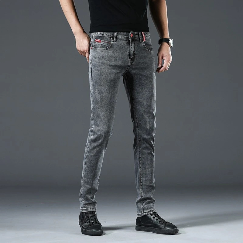 Mens Grey Korean Slim Fit Stretch Jeans Fashion Skinny Men Casual Classic Cotton Youth Pencil Denim Trousers 240826Z