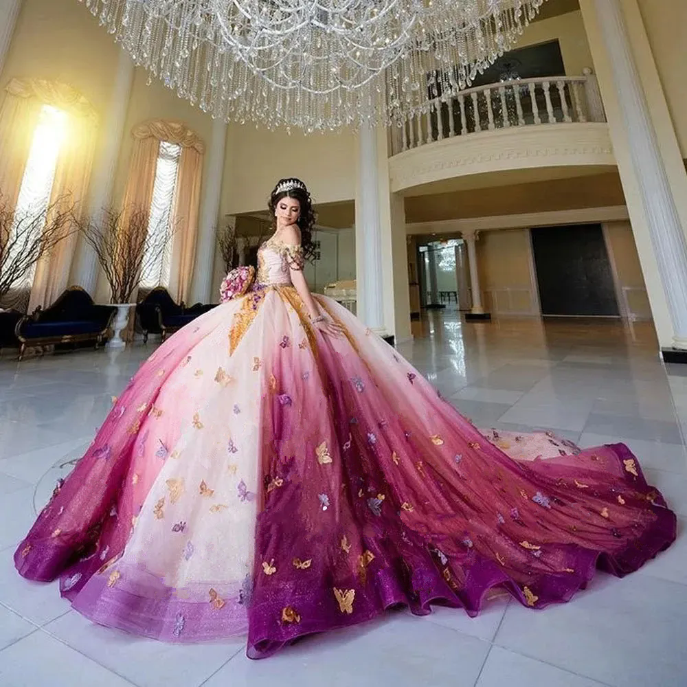 Butterflies Quinceanera Dresses 2024 Off Shoulder Lace 3D Flowers Sweet 16 15 Anos Princess Ball Gowns Birthday Prom Dress vestidos de Sweet