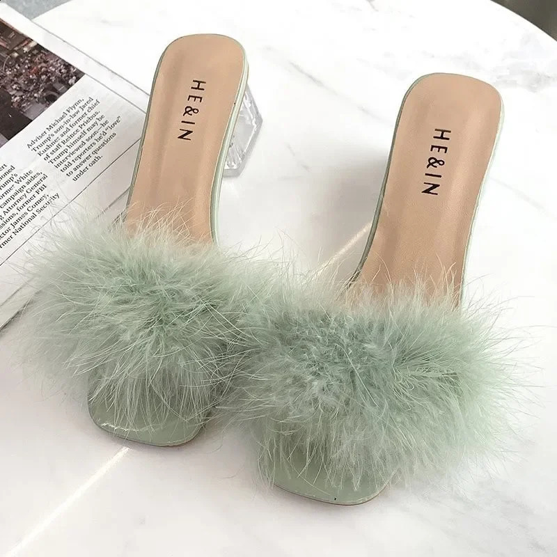 Summer Fluffy Leather Toes Sexy High Heels Womens Fur Womens Fashion Wedding Pink Slider 240827