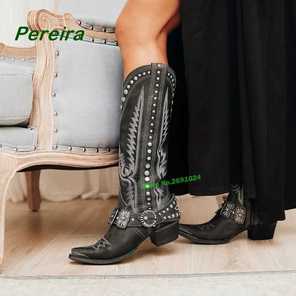 Embroidered Cowboy Square Toe Chunky Heels Metal Decorative Knee Boots Casual Winter Latest Size 46 Womens Y240829IEN2