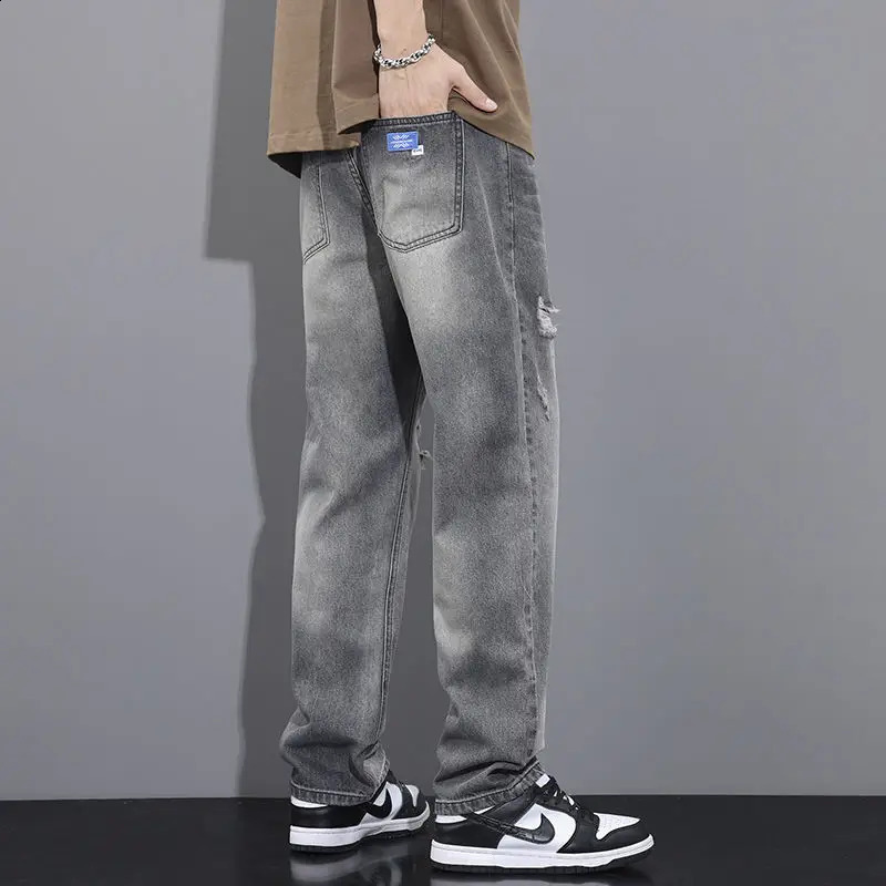 Summer High Street American Vintage Distressed Jeans Mens Button Zipper Pocket Fashionable Loose Casual Wide Leg Straight Pants 240829