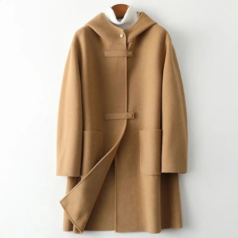 Fashion Hooded Cashmere Womens Autumn And Winter Double-Sided Windproof Hine Temperature Ultra-Thin Wool Coat