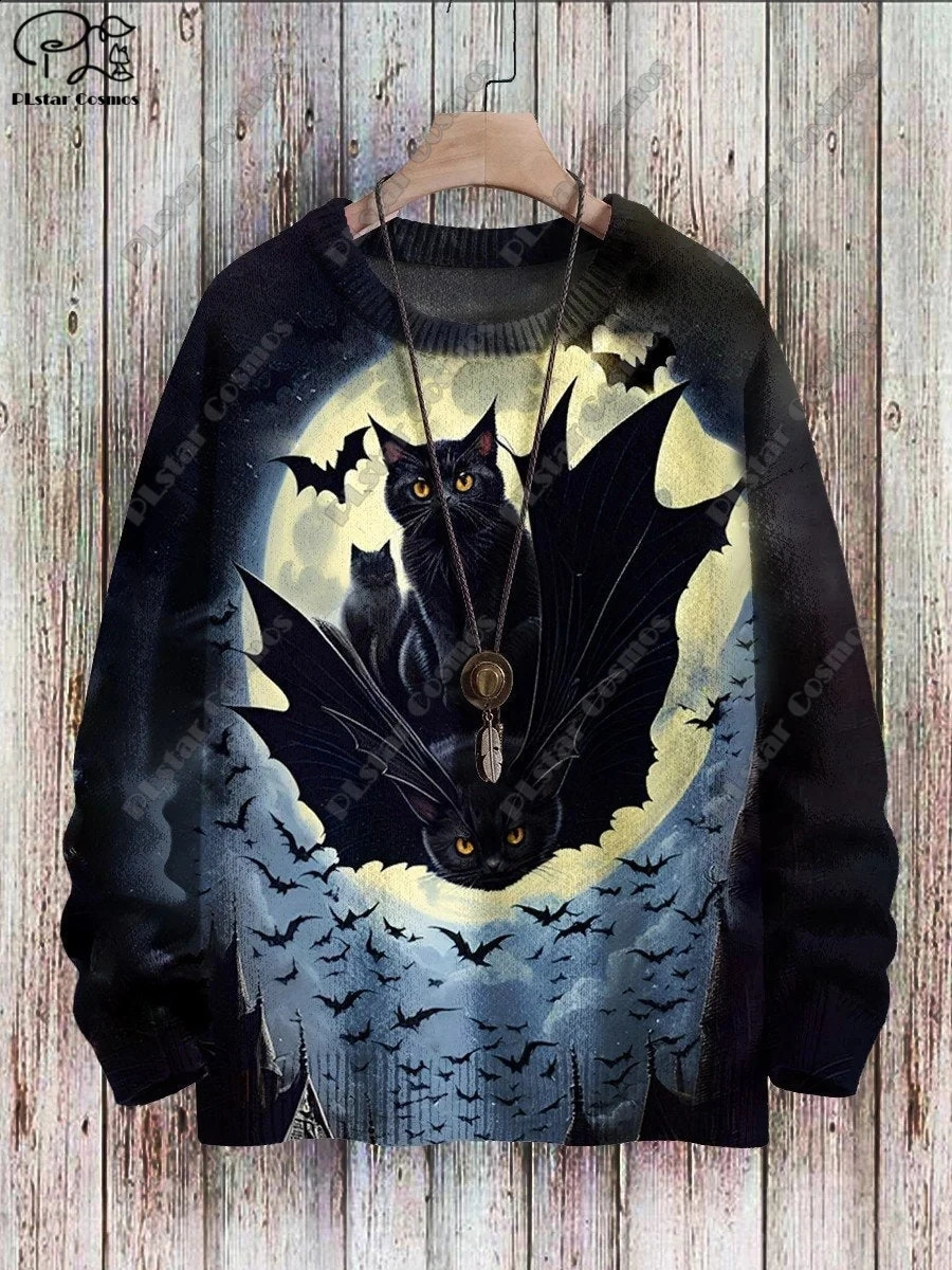 3D printing Halloween series horror ghost skeleton witch black cat pattern ugly sweater street casual winter sports shirt W-4 240829