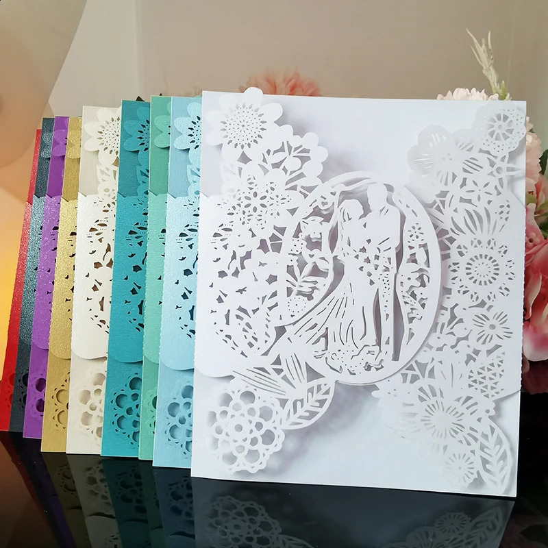 50pcs Wedding Invitations Card Bride Groom Flowers Pocket Invitation Greeting Card Wedding Mariage Party Supplies Decorations 240829