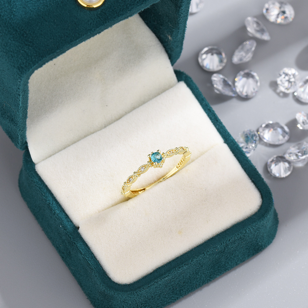 Free shipping 4mm slim nature blue dia designer ring for women girls ins fashion sier gold shine crystal cz zircon lovely engagement rings jewelry gif