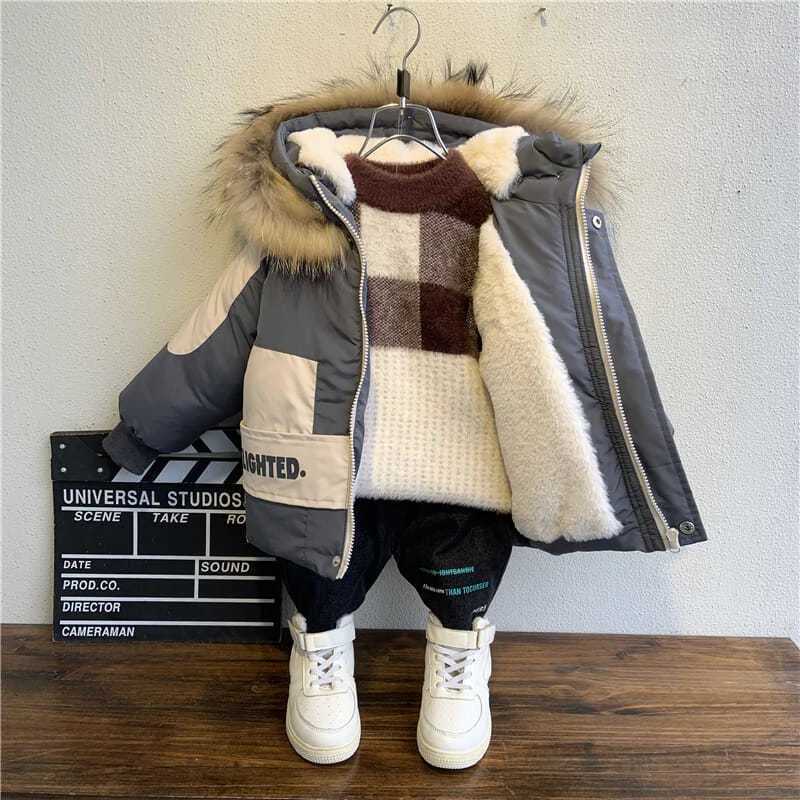 Winter boys coat 2024 new baby Fur collar hooded cotton plus velvet thicken warm jacket for children parka 2-8years kids clothesY240829