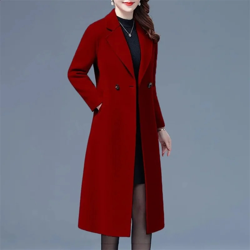 Womens collar wool long coat fashionable long sleeved single button jacket autumn and winter office womens elegant and warm wool coat 240828