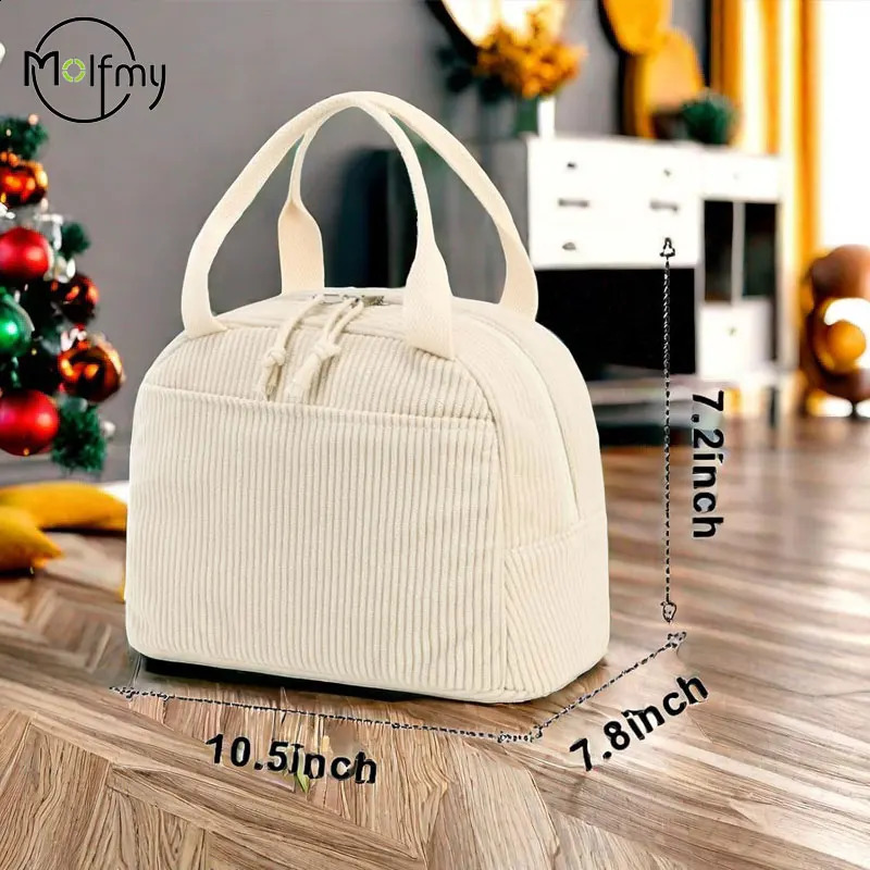 DHwanglijia Corduroy lunch bag thermal insulated box designer bag storage handbag multifunctional childrens school cooler picnic food Loncheras 240828