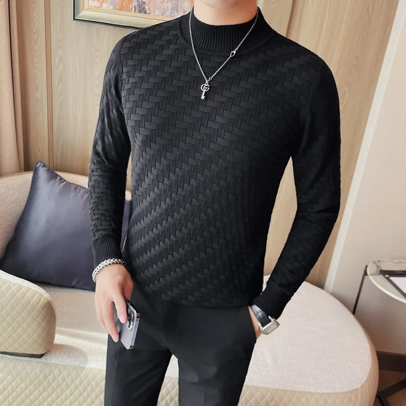 Mens Autumn Half High Collar Jacquard Knitted Sweater Long Sleeve Slim Knitted Sweater Puller 4XL-M Mens 240829
