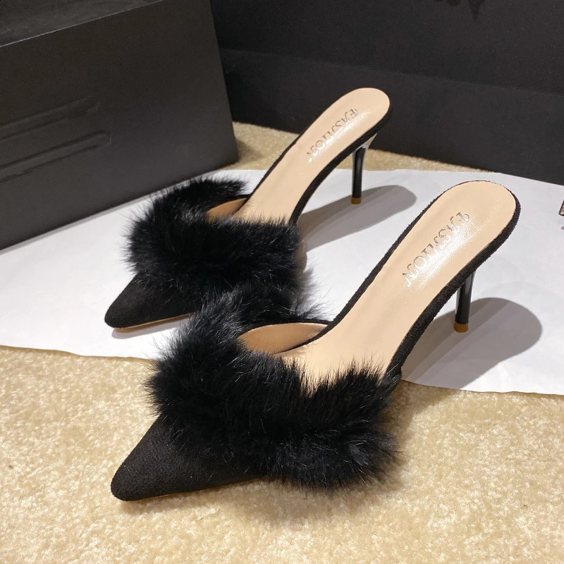 Kitten heel flip summer shoes womens clip on slippers womens fur and mule shoes elegant midsole sandals women 240827
