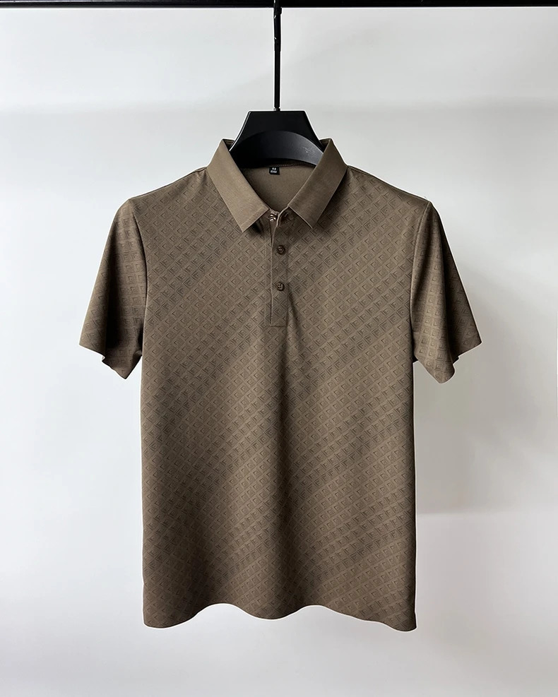 High end ice silk breathable short sleeve T-shirt men lapels summer trend plaid polo shirt fashionable and casual mens clothing 240828
