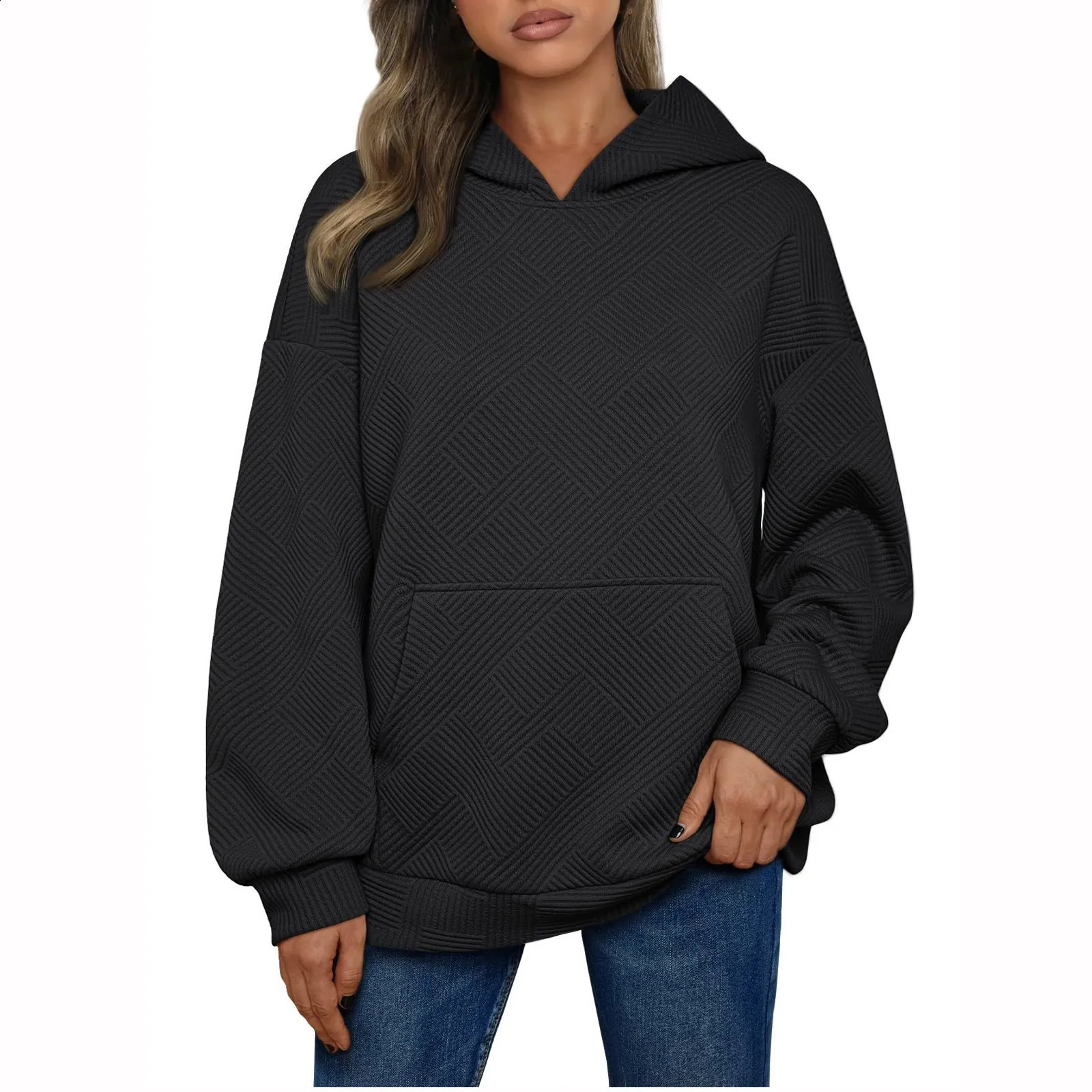 SpringAutumn Womens Solid Pull off Oversized Sportswear Fashion Clothing with Pocket Loose Top 240827