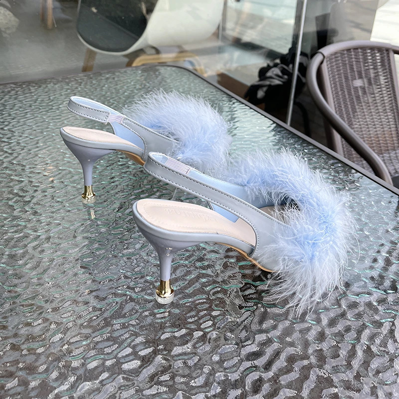 Lace slider womens shoes womens pump solid leather dot lace slider fur high heels summer womens slider 240827