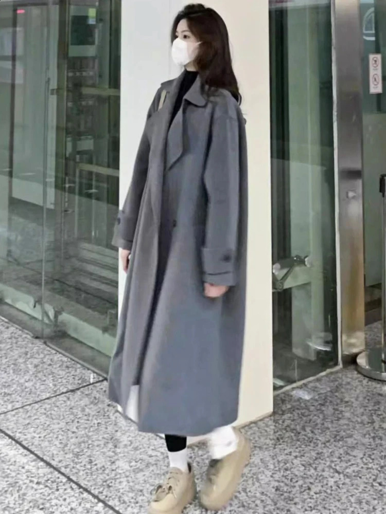X-long blend womens solid elegant jacket Korean style comfortable office womens classic fully matched Harajuku clothing daily trend fashion autumn 240