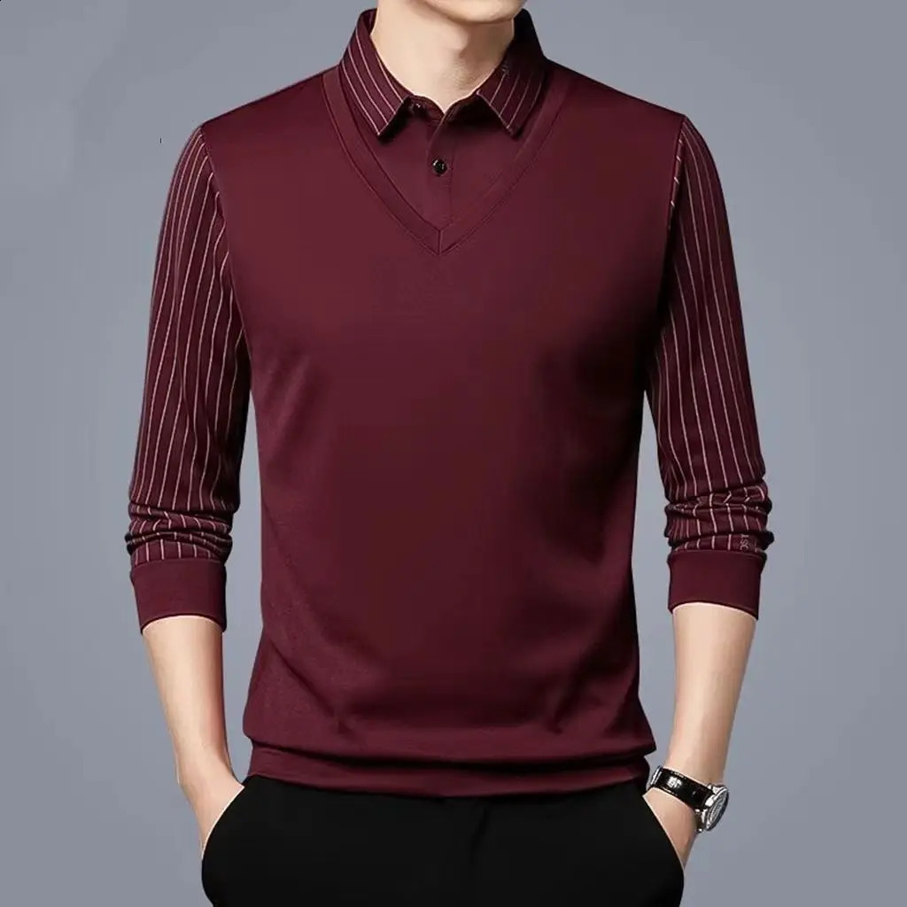 Business Casual Thin Slim Men Polo Shirt Spring Autumn Button Lapel Striped Long Sleeve Fashion Korean Clothing Tops 240828
