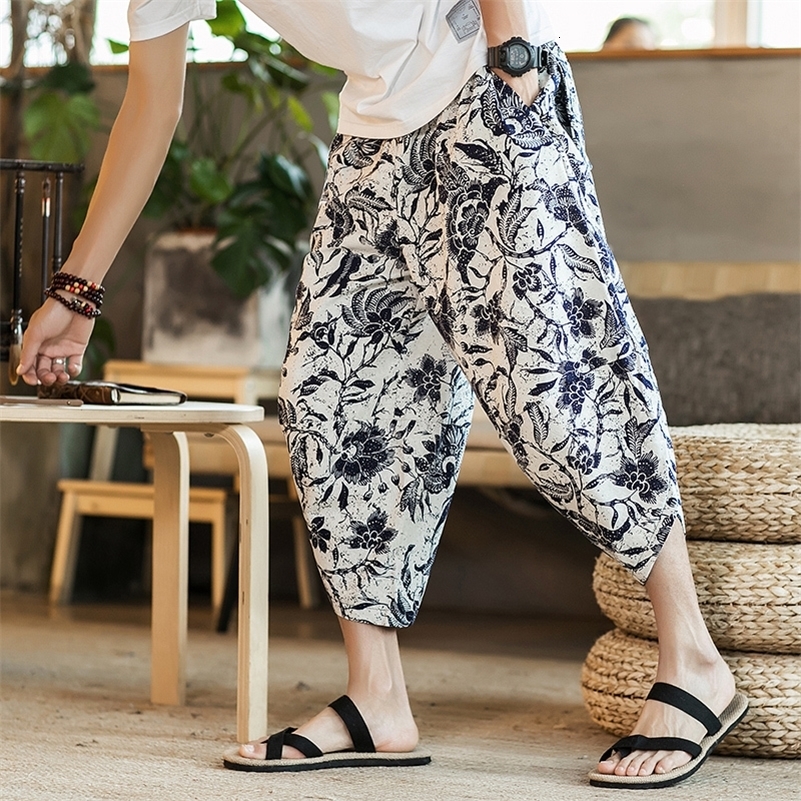 Harajuku summer loose calf length casual mens wide leg cotton linen printed pocket pants oversized mens pants 240828