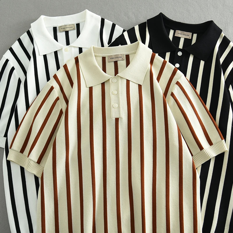 Cool and breathable striped knitted mens polo shirt summer fashion short sleeved slim fit business style top 24ss Y2k young 240828