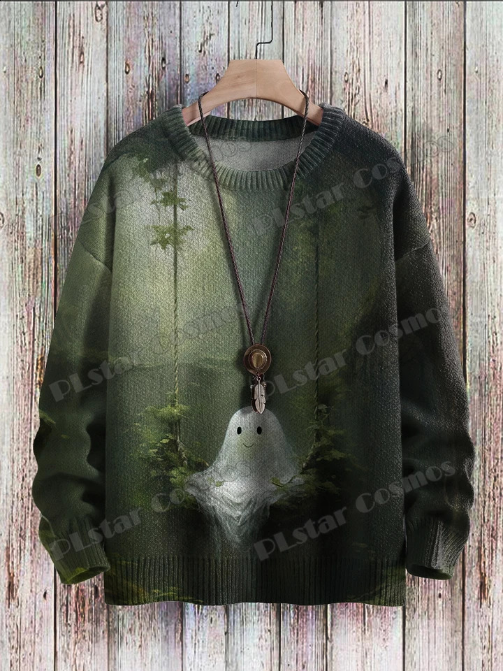 Halloween Ghost Black Cat Art Pattern 3D Printing Mens Knitted Lanhua Winter Neutral Casual Warm Knitted Lanhua Sweater ZZM65 240829
