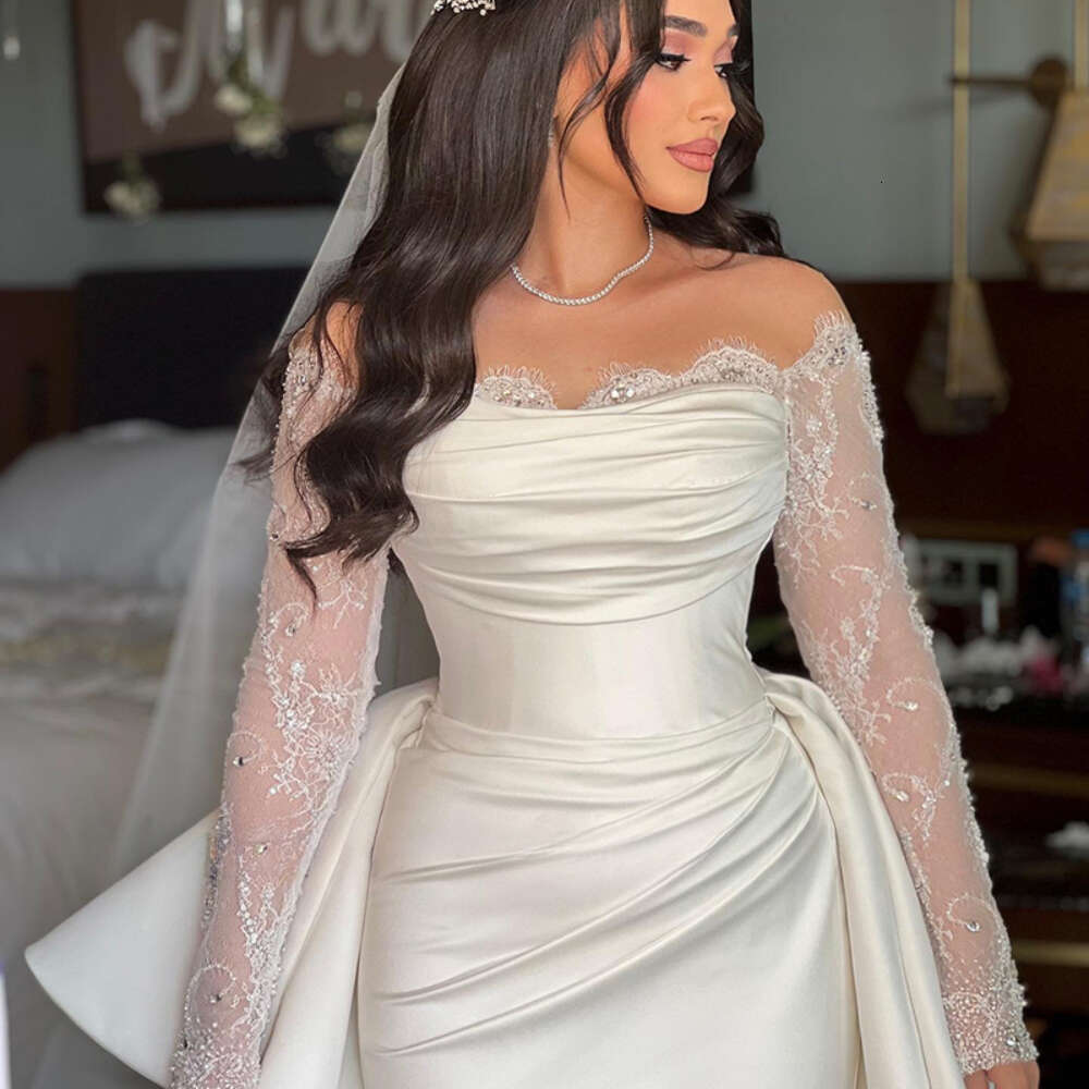 White Lace Appliques Mermaid Wedding Dresses Fashion Off The Shoulder Long Sleeves Crystal Or Length Bride Gowns 0219