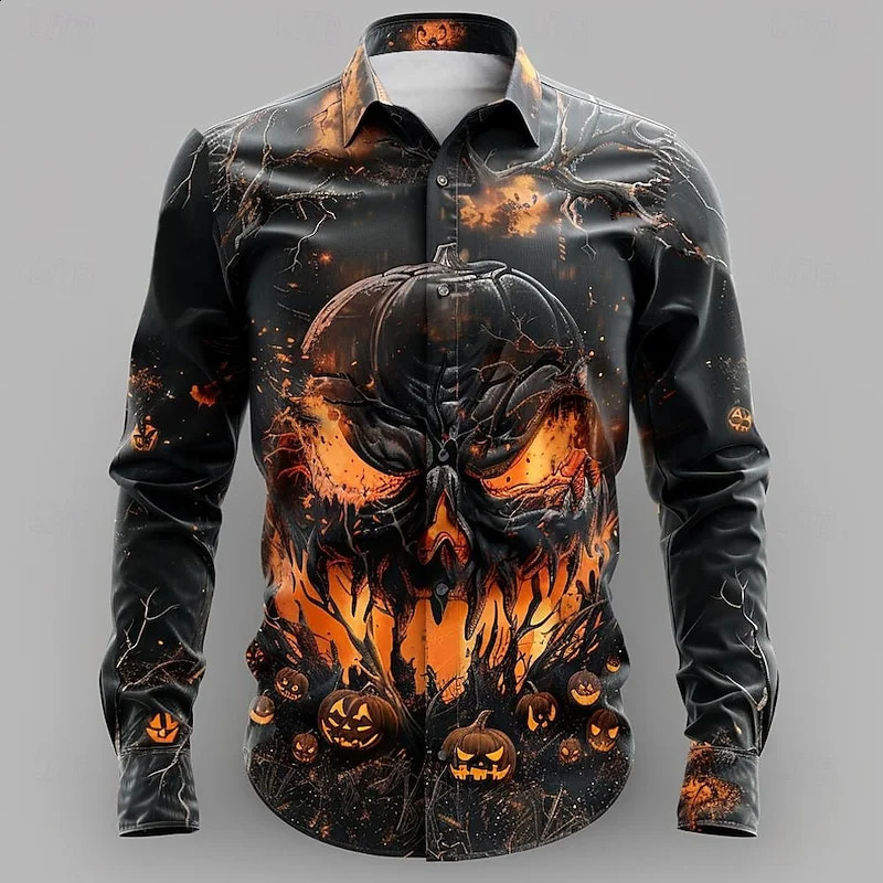 Party Magic Skeleton Mens Long Sleeve Shirt Halloween Pumpkin Bird 3D Printed Button Trend Cool Fashion Beach Party Top 240829