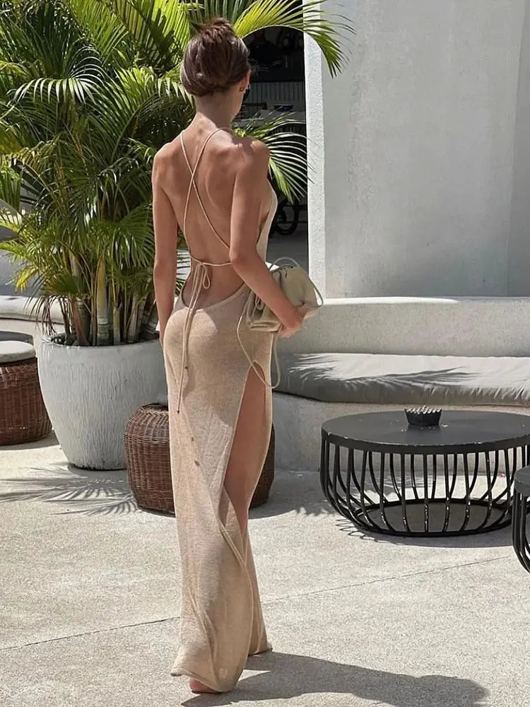 QWEEK Beach Sexy Knitted Backless See-through Slit Halter Slip Long Dress Holiday Vacation Off Shouder Summer Maxi Dresses 240828