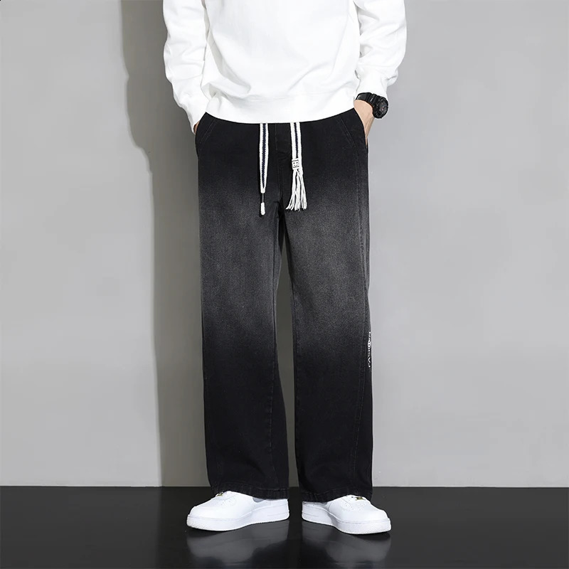 Autumn Wide Leg Jeans Mens Trouser Neutral Loose Casual Cotton Straight Outdoor Fashion Laundry Pants Large Size 8XL 240829