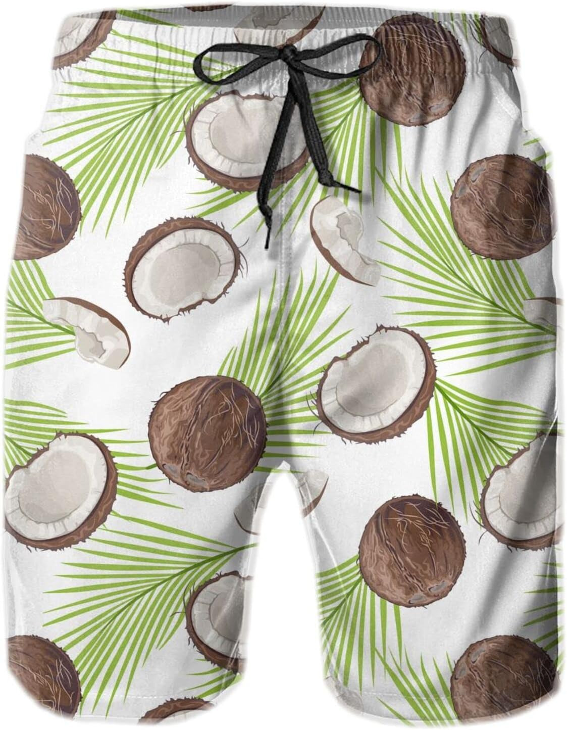 Mens Shorts 3D Printing Pattern Coconut And Leaves Swim Trunks Quick Dry Casual Beach Board Swimwear