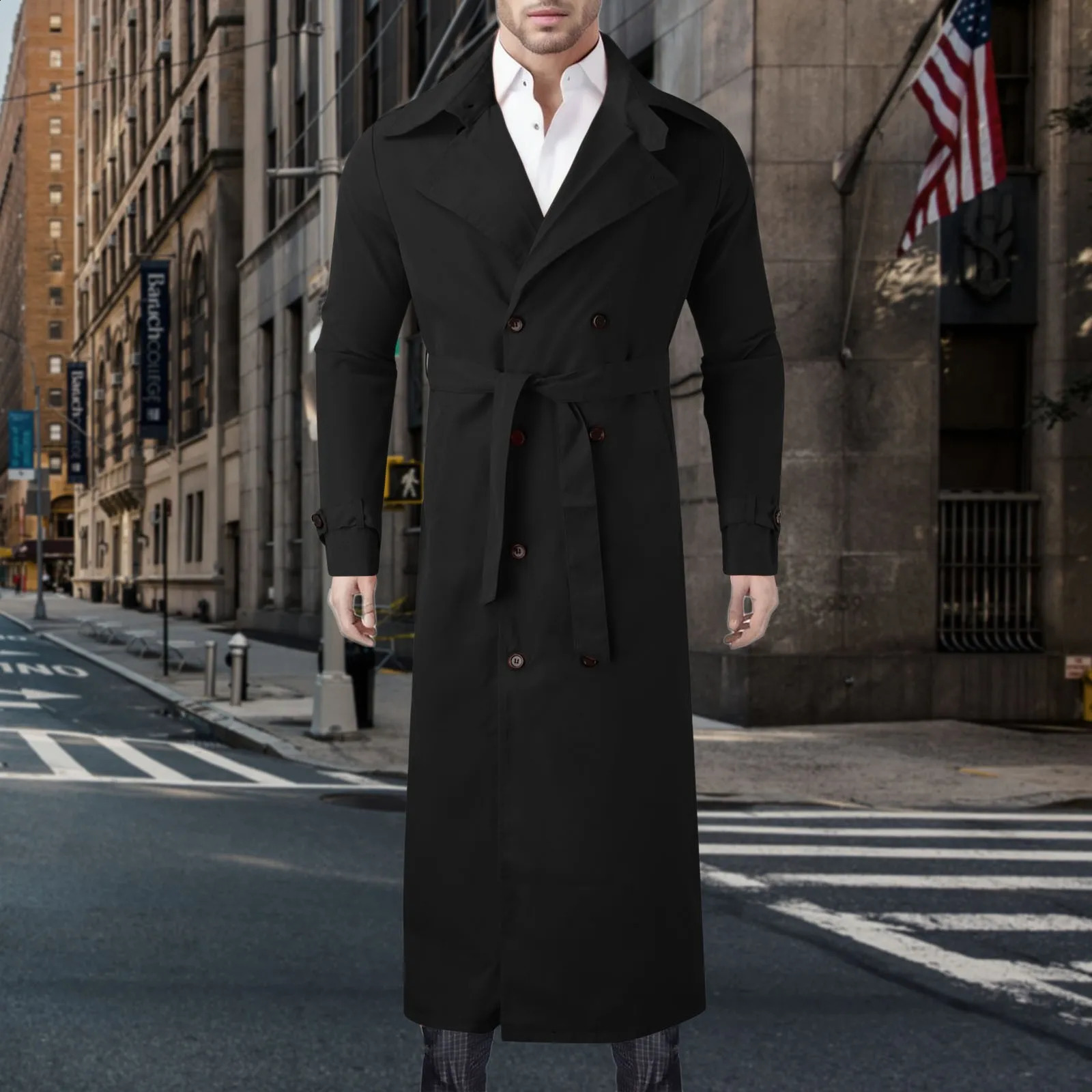 Winter black gentlemans jacket with belt mens elegant long jacket loose wool trench coat used for cold wool lined clothing 240829