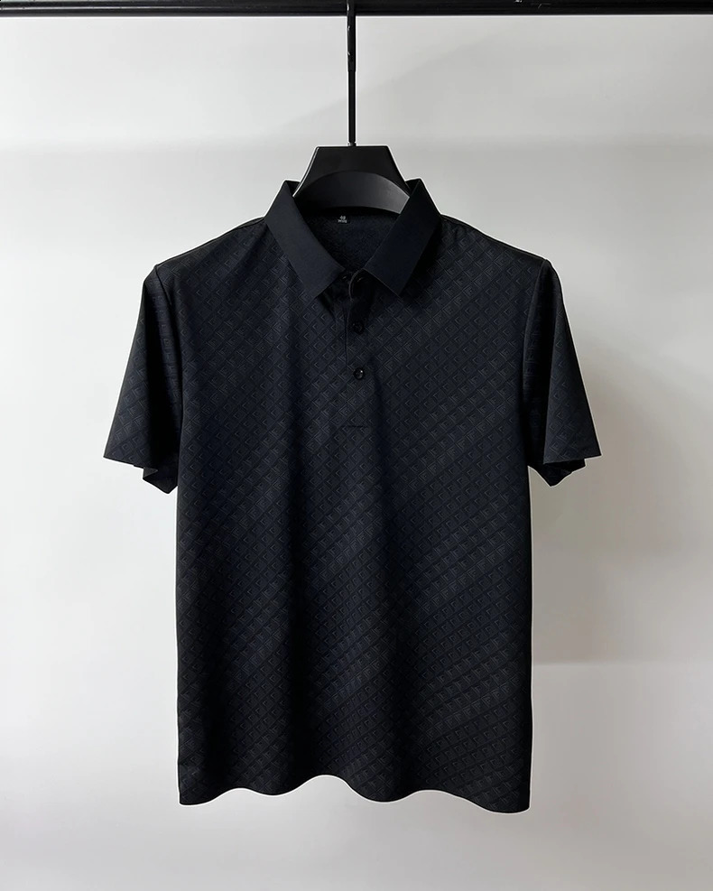 High end ice silk breathable short sleeve T-shirt men lapels summer trend plaid polo shirt fashionable and casual mens clothing 240828