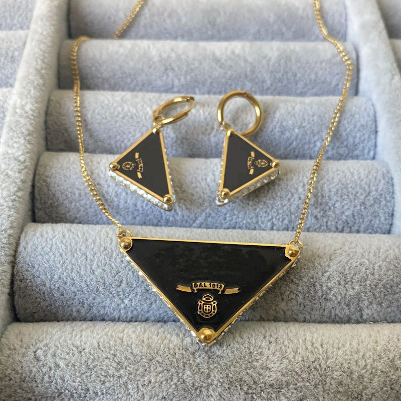 Gold Color Luxury Designer Necklace Earrings Titanium Steel P Letter Black Triangle Pendant With Diamonds Fashion Jewelry For Women Girls
