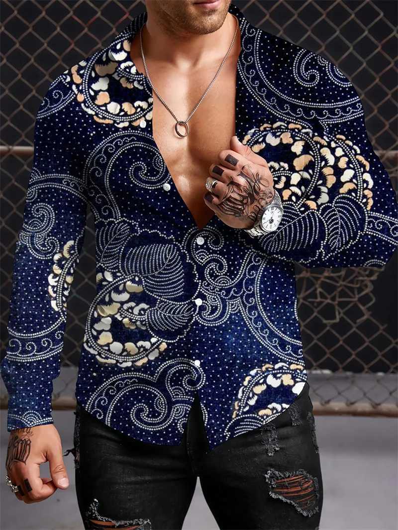 2023 Retro Mens Long Sleeve Shirt Pattern Polo Top Luxury Fashion Casual Apparel S-5XLXJ240828