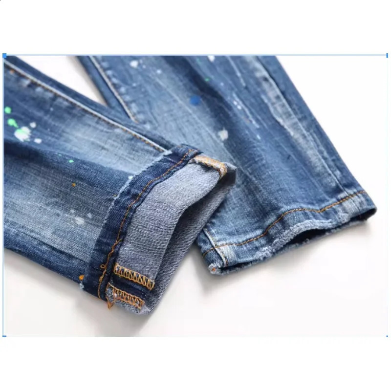 Classic mens straight embroidered jeans with perforated patches elastic paint splatter badge beggar pants 240829