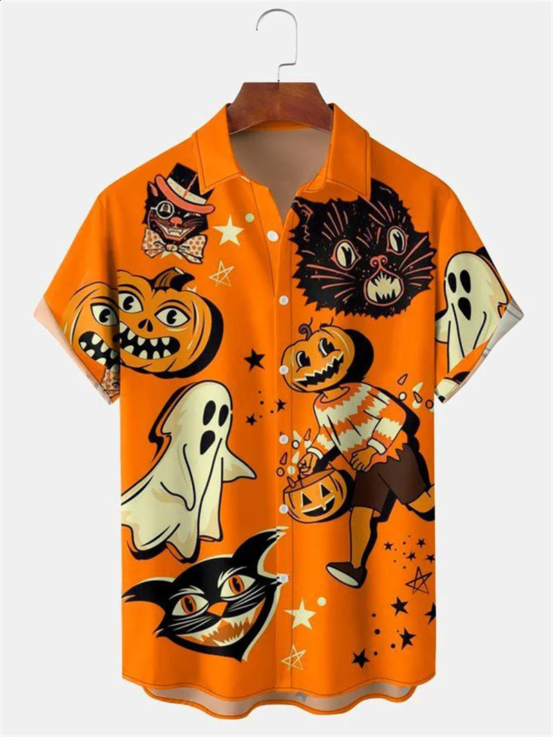 Mens Fashion Halloween Shirt Summer Cute Style Mens Clothing Party Holiday Mens Top Pumpkin Head Printed Mens Short sleeved Shirt 240829