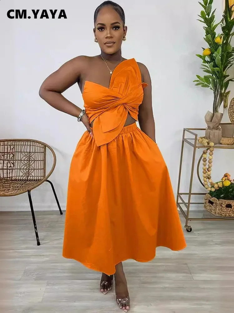 CM.YAYA Women Big Petal Front Strapless Midi Long Dress Summer Street Vestidos Sexy Party Evening Chic Big Swing Dresses 240828