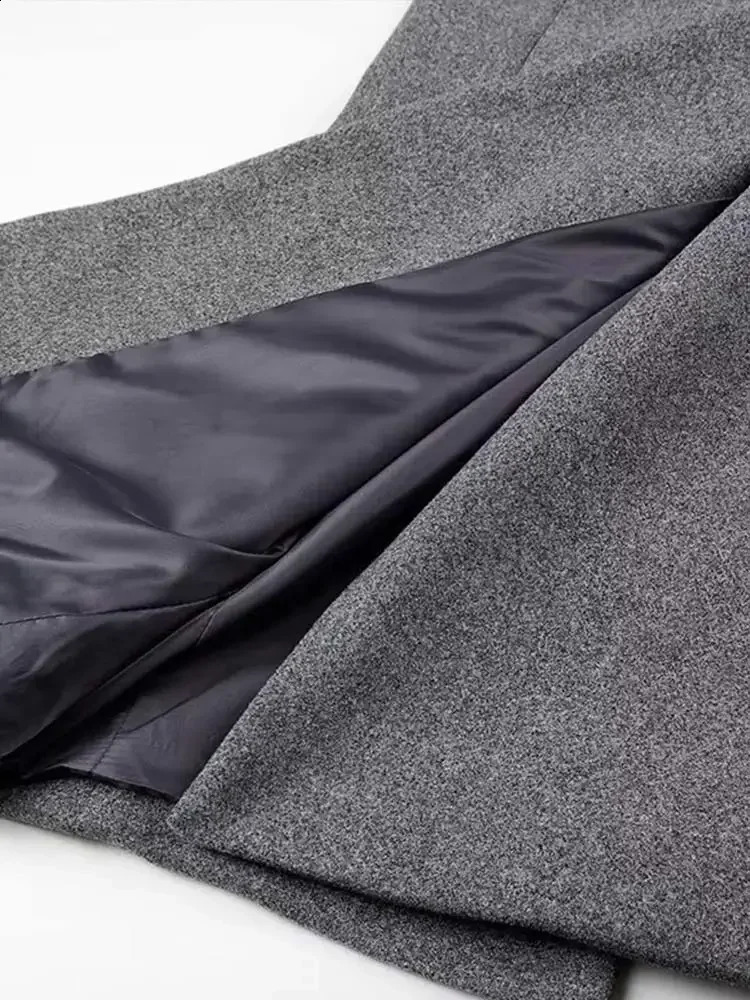 Elegant double-layer pocket long sleeved coat for womens gray back split collar wool coat womens street coat 240828