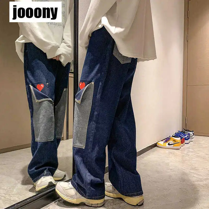 Mens jeans patch work multi pocket couple denim pants beggar style cargo pants street casual mens street clothing 240829