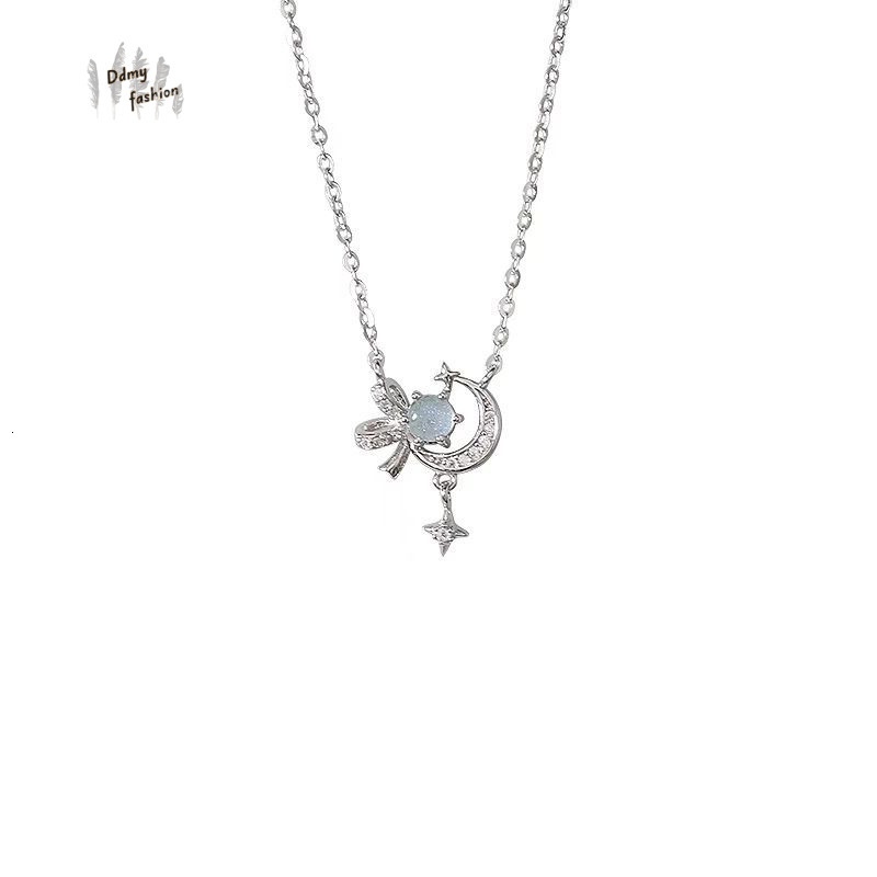 S999 pure sier moonstone star moon bow necklace for women's fashion, high-end, niche, new Valentine's Day gift F08.30-5.8 7fad1