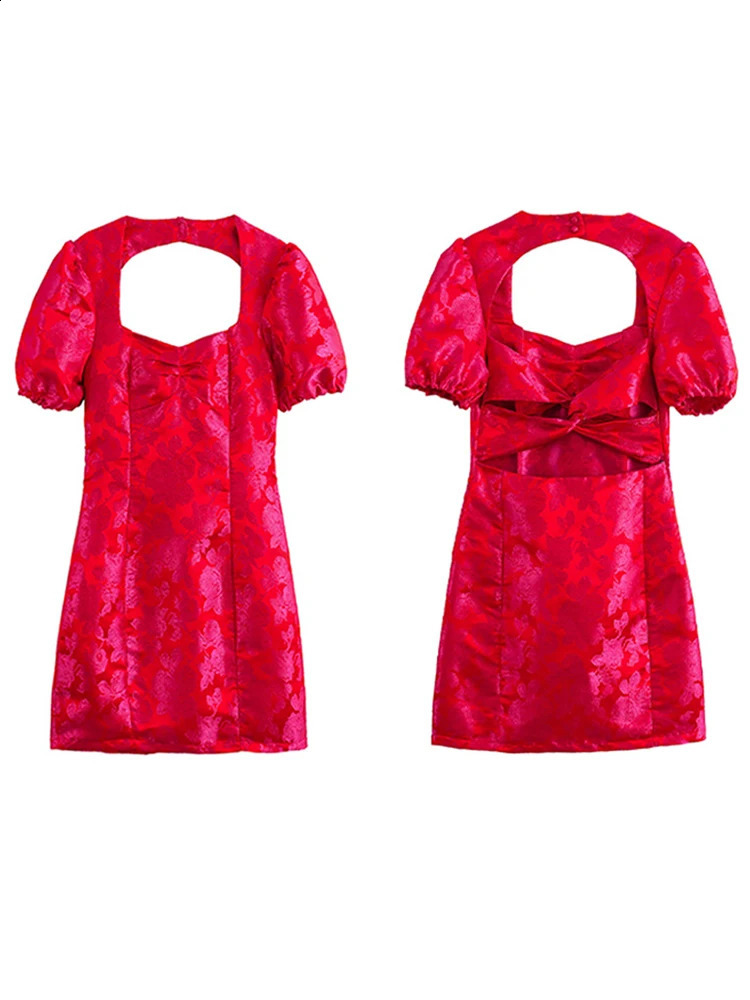 Printed Mini Dresses Sexy Short Puff Sleeve Backless Knotted Zipper Female Dress Club Evening Party Bodycon Lady Prom Robe 240828