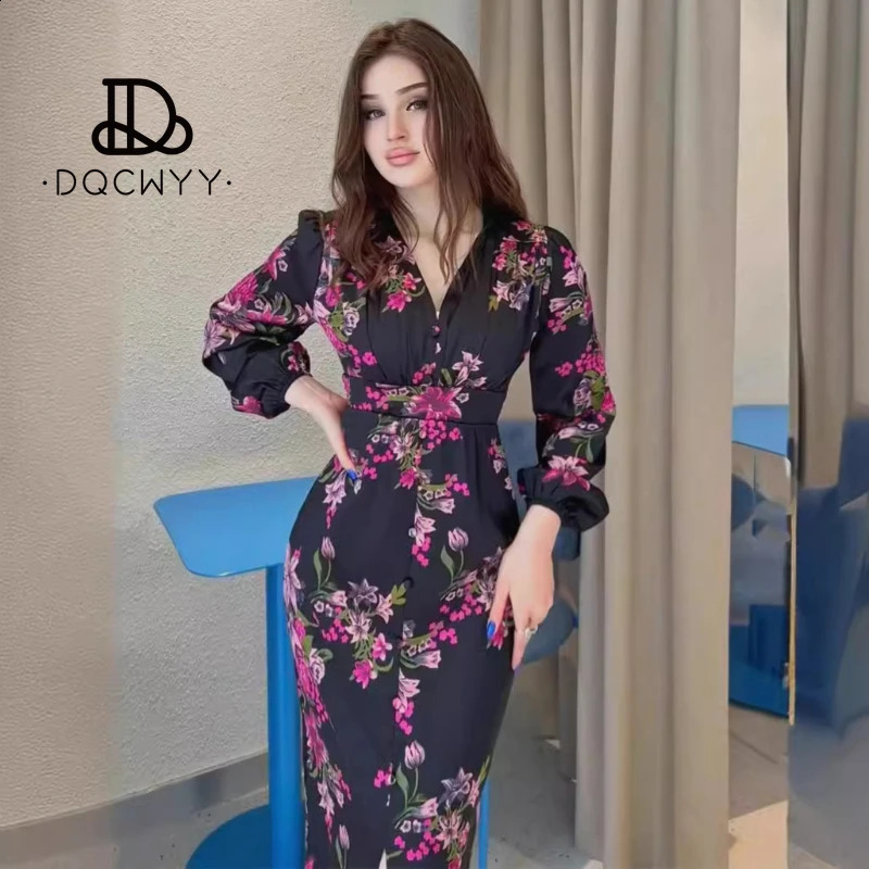 Retro printed Vneck long sleeved waist pleated womens summer warm weight loss party dress 240828