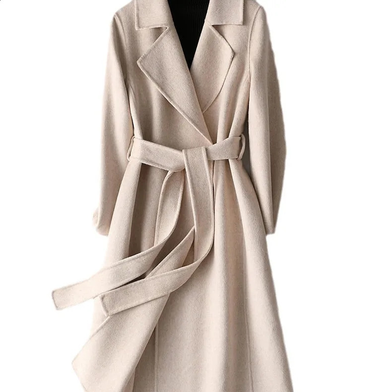 Elegant womens wool coat long sleeved street clothing Korean fashion jacket pure thin lapel autumn winter coat 240828