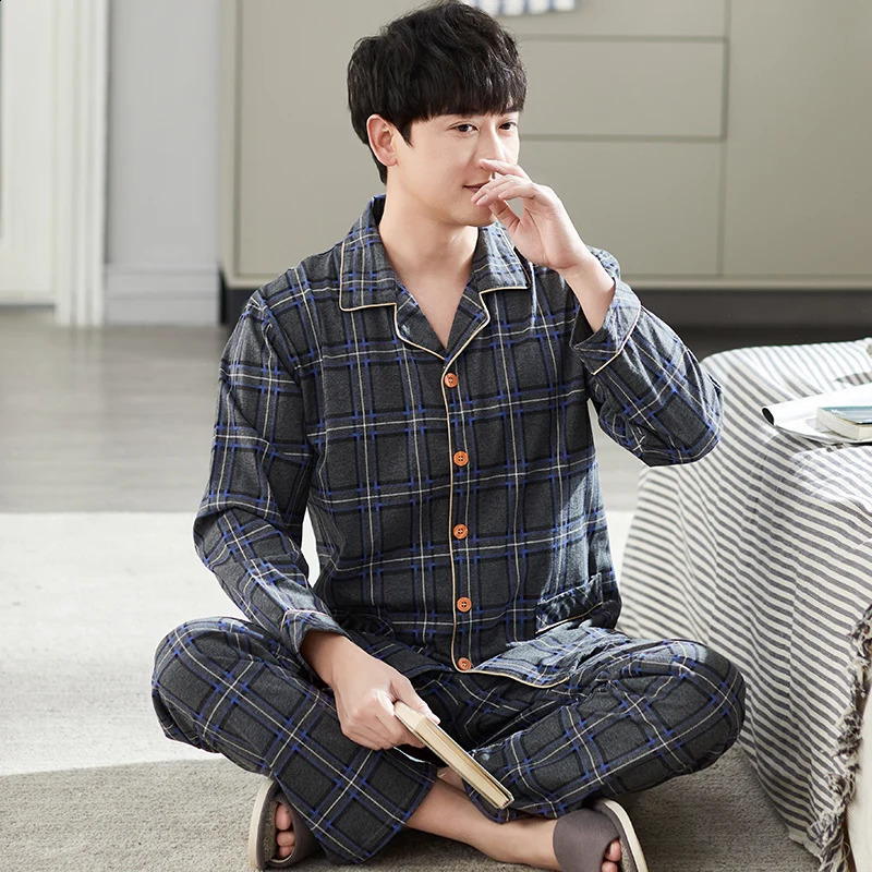 Men Pyjama Set Full Cotton Spring Long Sleeve Print Men Pajama Suit Autumn Nightwear Collar Pijama Male Sleepwear Two Piece 4XL 240828