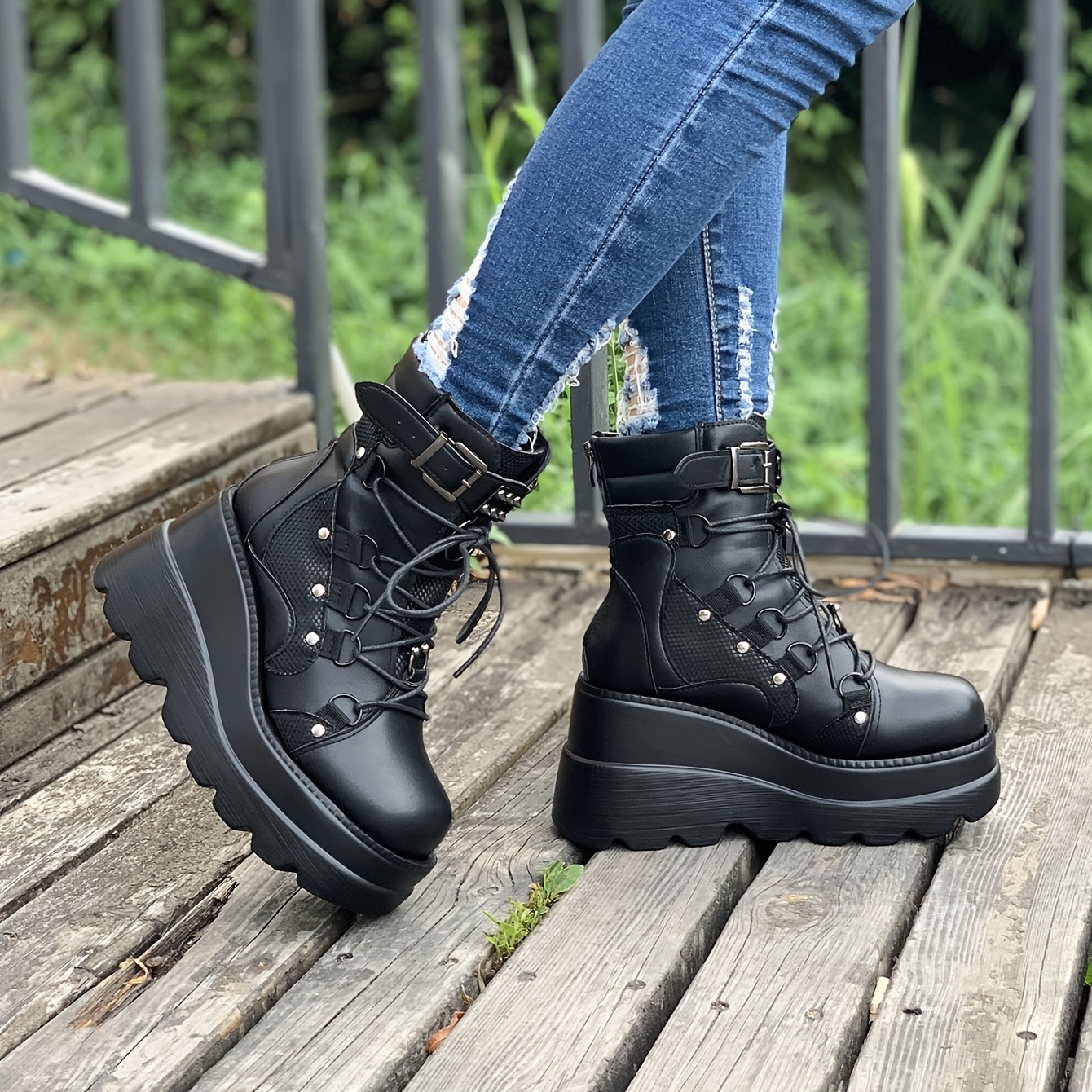 Punk Style Women's Ankle Boots with Studded Buckle Decor and Wedge Heel