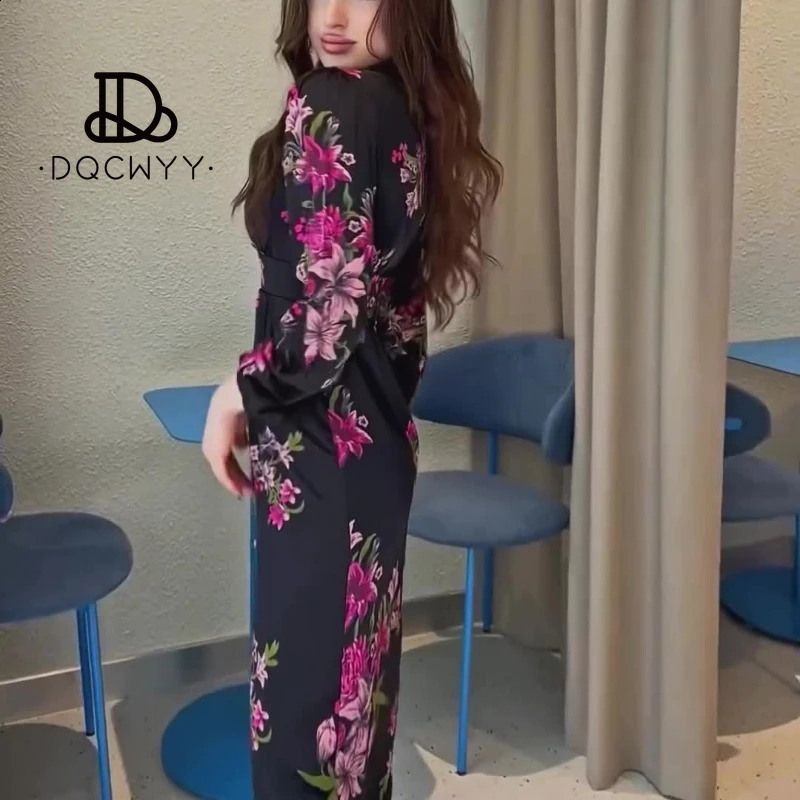 Retro printed Vneck long sleeved waist pleated womens summer warm weight loss party dress 240828
