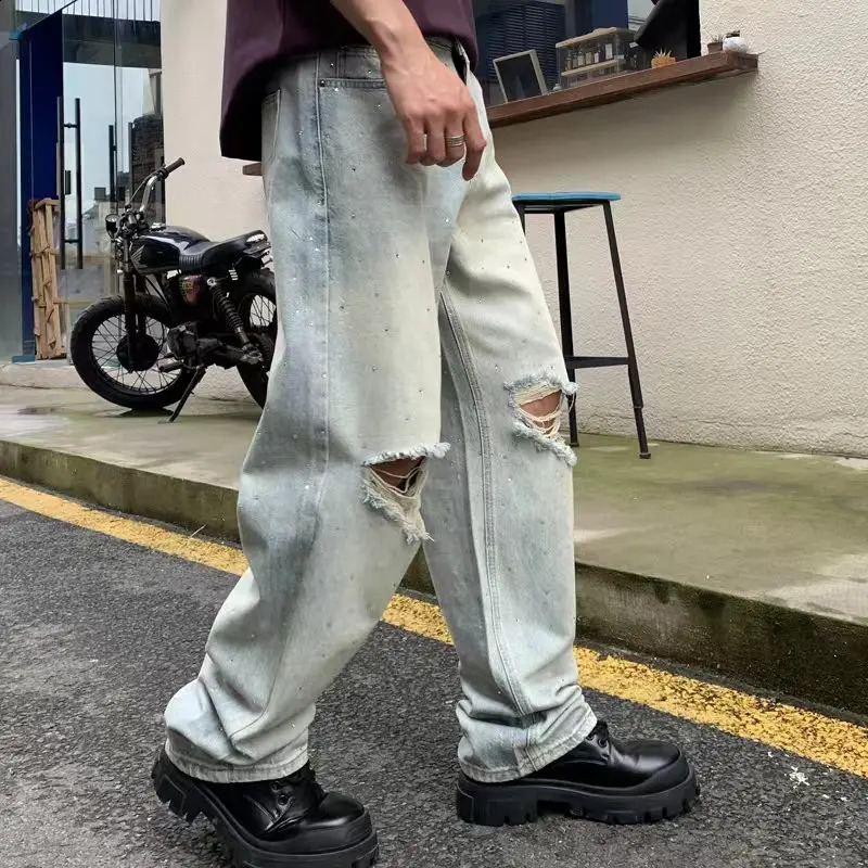 Flash diamond Ripped Baggy Mens Jeans Vintage Crystal Blue Full Denim Pants Straight Leg Trousers For Male 240828