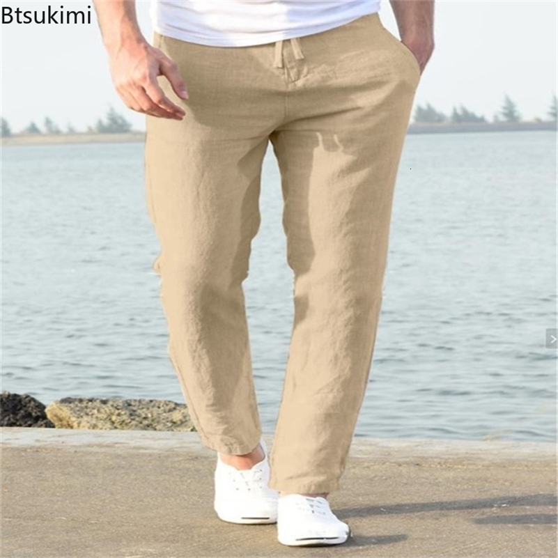 Mens linen casual pants are fashionable simple loose pencil pants with drawstring and elastic waist comfortable and breathable daily work clothes 2408