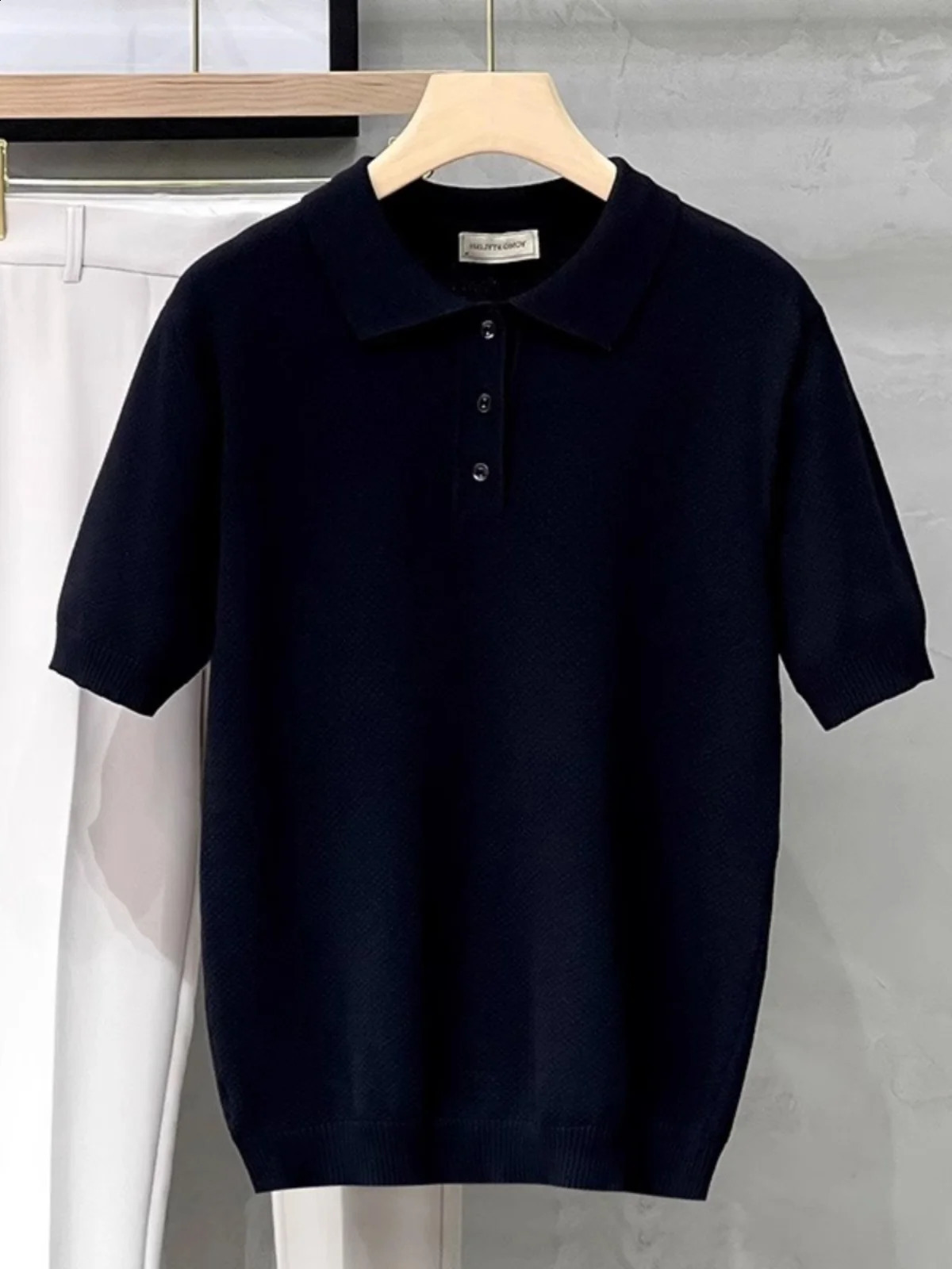 High elasticity mens short sleeved knitted polo shirt summer British style solid casual slim fit clothing C101 240828